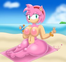 1girls alternate_version_available amy_rose anthro areolae barefoot beach beverage big_breasts bimbo breasts busty completely_nude completely_nude_female female female_only full_body furry holding holding_beverage huge_breasts large_breasts naked naked_female nipples nude nude_female peace_sign public ring smile solo solo_female sonic_(series) sonic_the_hedgehog_(series) superstarplasma v v_sign wristwear