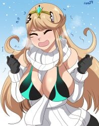 1girls bikini_top blonde_hair breasts cold female huge_breasts karbuitt light-skinned_female light_skin long_hair massive_breasts mythra nintendo sweater xenoblade_(series) xenoblade_chronicles_2