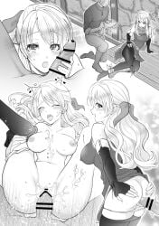 1boy 1girls ass bar_censor boots breasts censored closed_eyes commission covered_nipples cum cum_in_pussy cum_on_body cum_on_breasts elbow_gloves female female_focus fingerless_gloves fire_emblem fire_emblem:_radiant_dawn gloves greyscale hair_ribbon handjob highres legs long_hair looking_at_viewer male medium_breasts micaiah_(fire_emblem) monochrome multiple_views navel nintendo nipples open_mouth panties panties_around_one_leg panty_pull penis pov pussy ribbon rororo_ryo1 skeb_commission solo_focus spread_legs tongue tongue_out underwear