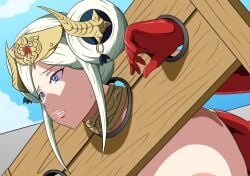 bondage crown edelgard_von_hresvelg femsub fire_emblem fire_emblem:_three_houses horns humiliation large_breasts nintendo outdoors pillory post-timeskip public public_nudity purple_eyes restrained tonsuke white_hair