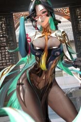 1girls bodystocking breasts female genshin_impact glasses green_eyes green_hair large_breasts light-skinned_female light_skin long_hair multicolored_hair naughty_face solo_female stockings xianyun_(genshin_impact) zumi zumi_(zumidraws)