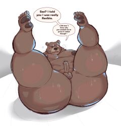 2023 anthro ass bear belly ben_(zenless_zone_zero) ben_bigger big_belly big_butt bodily_fluids brown_body dialogue english_text hi_res male male_only mammal matchaijuice mihoyo moobs nipples overweight overweight_male scar simple_background solo sweat text zenless_zone_zero