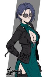 1girls alternate_costume bare_thighs blue_hair boots breasts cm_lynarc dress female female_only fire_emblem fire_emblem:_three_houses glasses gloves hair_between_eyes inner_sideboob jacket knife looking_at_viewer nintendo open_clothes open_jacket purple_eyes shamir_nevrand short_hair side_slit simple_background small_breasts smile standing sunglasses thigh_boots thighs tinted_eyewear weapon