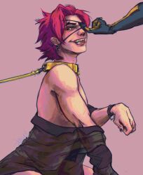 choker collar eye_patch eyepatch gay heartsteel_kayn heartsteel_series heartsteel_yone kayn league_of_legends leash leash_pull male male_focus male_only male_out_of_frame open_jacket petplay pink_eyes puppyplay purple_hair shirt shirt_on_shoulders shirt_only solo solo_focus solo_male two_tone_hair yaoi yone