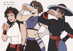 3girls abs alcohol bandaged_arm bandaged_hand bandages beer beer_mug black_eyes black_hair braid breasts brown_hair chinese_clothes commentary crop_top cup dark-skinned_female dark_skin drinking earrings english_commentary english_text genderswap_(mtf) hair_over_shoulder hand_on_own_hip hat headband highres holding holding_cup janet_cage jewelry johnny_cage kamii_momoru kung_lao liu_kang medium_breasts mortal_kombat mortal_kombat_(series) mortal_kombat_1_(2023) mug multiple_girls navel orange_juice red_headband rule_63 single_braid sunglasses tattoo toned