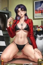 bare_legs bare_thighs barefoot beer belly_button big_breasts bikini blush bra brown_eyes crouching female female_only jacket kneeling long_hair misato_katsuragi neon_genesis_evangelion neopn_genesis_evangelion on_knees open_clothes open_jacket purple_hair red_eyes scar sciamano240 spread_legs thick_thighs