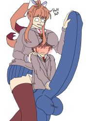 1boy 1girls alternate_breast_size big_breasts big_penis blushing breasts bulge bulge_through_clothing clothed doki_doki_literature_club english_text erection erection_under_clothes female gigantic_penis handjob height_difference huge_balls huge_cock huge_penis hyper hyper_bulge hyper_penis jeans long_penis mc_(doki_doki_literature_club!) monika_(doki_doki_literature_club) penis penis_awe scared school school_uniform schoolgirl skirt straight text traced unepicroachy_(leepicmochi) wide_eyed