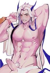 abs bara chest cock fundoshi horns japanese_clothes large_pectorals league_of_legends long_hair male male_focus male_only mie77014827 nipples pecs pectorals penis penis_out precum pubic_hair solo solo_focus solo_male spirit_blossom_series spirit_blossom_yone white_hair yone