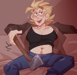 blonde_hair blue_eyes clothed freckles happy_trail jake_o_lampert_(jake's_halloween_night) male_only scar scar_on_neck suggestive_look tongue_out tummy