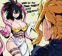 1boy 1girls age_difference all_might angewomon angewomon_(cosplay) boku_no_hero_academia cleavage cosplay crossover crossover_cosplay digimon digimon_(cosplay) english_text female lewdamone light_skin male my_hero_academia nana_shimura older_female shimura_nana toshinori_yagi yagi_toshinori