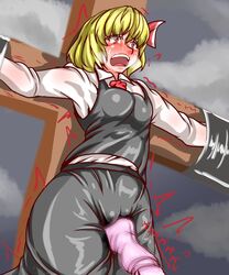 blonde_hair blush bow cross crucified crucifixion open_mouth restrained rumia sex_toy sweat the_embodiment_of_scarlet_devil tom_(remisaku) touhou vibrator wet_clothes youkai