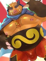 2023 3:4 anthro belly big_belly black_body bulge cape clothing emboar generation_5_pokemon kemono male male_only moobs navel nintendo nipples orange_body overweight overweight_male pokemon pokemon_(species) salz_sop solo