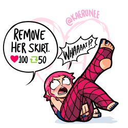 1girls black_eyes clothed female kaerunee nail_polish pink_hair ramona_flowers scott_pilgrim short_hair solo solo_female sweat twitter_strip_game_(meme)