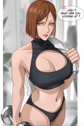 1female 1girls boob_window brown_eyes brown_hair brown_hair brunette_hair gym gym_clothes jujutsu_kaisen kugisaki_nobara midriff short_hair solo solo_female sweat sweating text toned toned_body toned_female toned_stomach towel we1cometoparadiseart weights welcometoparadise wtparadise