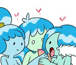 3girls adventure_time blue_body blue_hair denise_(adventure_time) fellatio humanoid long_hair mob_face monster_girl multiple_girls open_mouth ponytail short_hair smile sucking tied_hair water_nymph wet