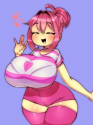 1girls 2023 5hitzzzu big_breasts bimbo bimbofication blue_background blushing boombita closed_eyes female frisk funcu funculicious hearts hourglass_figure meatcuteshii pink_hair pink_shorts pink_thighhighs pinkbobatoo ponytail skiddioop smiling smiling_at_viewer stereodaddy thick_thighs thighhighs toby_fox undertale undertale_(series) waving waving_at_viewer