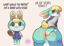 1boy animal_crossing anthro anus ass back back_view backsack balls big_ass big_butt blonde_hair blue_fur bottom_heavy bottomless clothed clothing donut donut_anus femboy hand_on_butt jacket large_ass lilbunpinky looking_back male male_only nintendo partially_clothed puffy_anus rabbit sasha_(animal_crossing) solo topwear