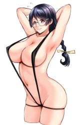 abs armpits arms_behind_head bakemonogatari bow braid breasts cleavage cowboy_shot female flying_sweatdrops glasses hairbow hanekawa_tsubasa itachou large_breasts monogatari_(series) navel purple_eyes purple_hair ribbon slingshot_swimsuit smile solo swimsuit thong twin_braids white_background yellow_ribbon