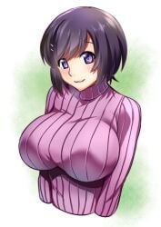 black_hair blush breasts closed_mouth female hair_ornament hairclip hanekawa_tsubasa impossible_clothes itachou large_breasts long_sleeves looking_at_viewer monogatari_(series) nekomonogatari nisemonogatari pink_sweater purple_eyes ribbed_sweater short_hair smile solo sweater swept_bangs turtleneck turtleneck_sweater upper_body