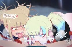 1boy 2girls 2girls1boy ass balls big_breasts blonde_hair blowjob boku_no_hero_academia breasts clothing crossover dc dc_comics deepthroat eastern_and_western_character fellatio harley_quinn harley_quinn_(suicide_squad_isekai) himiko_toga hornygraphite izuku_midoriya lipstick multicolored_hair my_hero_academia partial_male penis ponytail sucking_penis suicide_squad suicide_squad_isekai text threesome tongue_out veiny_penis