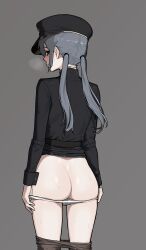 ass bangs belt blush blush breath breath_cloud cap cowboy_shot dark_hair female female_only gogalking gray_hair grey_hair hat high_resolution highres insact jacket original original_character panties panties_down pants pants_down portrait pulling_panties pulling_pants_down shoulder_pads side_bangs turtleneck_jacket twintails