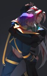 blush clothed clothing crop_top gay heartsteel_kayn heartsteel_series heartsteel_yone kayn league_of_legends licking licking_neck male male/male multicolored_hair pink_hair purple_hair red_hair sexual_tension side_view tongue tongue_lick tongue_out two_tone_hair white_hair yaoi yone