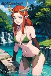 ai_generated antlers bikini breasts cleavage critical_role critical_role:_vox_machina day female freckles green_bikini green_eyes keyleth long_hair looking_at_viewer medium_breasts navel outdoors pikkiwynn pointy_ears red_hair smile solo swimsuit the_legend_of_vox_machina tree wading water