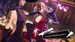 3d 3d_(artwork) 3girls ann_takamaki atlus blonde_hair blood brown_hair clothing defeated female female/female firearm gun gunpoint handgun human hypnosis long_hair makoto_niijima mind_control pale_skin persona persona_5 phantom_thief_suit revolver ripped_clothing sae_niijima shadow_sae short_hair silver_hair torn_clothes torn_clothing uriziel38 weapon yuri