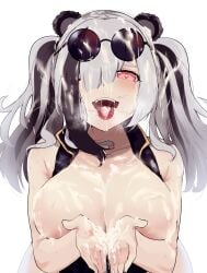 arknights covered_in_cum cum_in_mouth cum_on_breasts cum_on_face feater_(arknights) heart-shaped_pupils large_breasts okpriko solo stray_pubic_hair sunglasses_on_head tongue_out