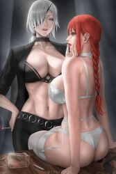 2girls black_clothing braid braided_hair braided_ponytail breasts chainsaw_man choker eyepatch female_only gray_eyes grey_eyes large_breasts lingerie lipstick long_hair makima_(chainsaw_man) multiple_girls pants ponytail quanxi_(chainsaw_man) red_hair red_lipstick toned toned_body toned_female toned_stomach voluptuous voluptuous_female we1cometoparadiseart welcometoparadise white_clothing white_hair wtparadise yellow_eyes yuri