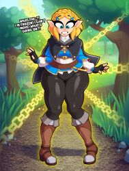 background breasts cloak comic comic_page embarrassed eroticphobia hylian leather leather_pants nintendo princess_zelda solo stasis_rune tears_of_the_kingdom the_legend_of_zelda wide_hips zelda_(tears_of_the_kingdom)