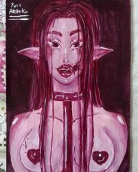 big_breasts bite_mark blood_on_face bondage breasts elf_female female long_hair queen red_eyes traditional_art voluptuous
