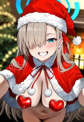 :d absurdres ai_generated alternate_costume aqua_eyes asuna_(blue_archive) asymmetrical_bangs bangs bent_over blonde_hair blue_archive blue_eyes blurry blurry_background blush bottomless breasts cape capelet christmas christmas_ornaments christmas_tree cleavage covered_nipples cowboy_shot depth_of_field eyes_visible_through_hair female fire fireplace foreshortening fur-trimmed_capelet fur-trimmed_headwear fur_collar fur_trim grin groin hair_over_one_eye hair_ribbon halo hanging_breasts hat heart heart_pasties highres indoors komorebi_p large_breasts leaning_forward light_brown_hair long_hair looking_at_viewer maebari meme_attire mole navel neck_ribbon no_bra no_panties nude one_eye_covered outstretched_arms pasties pom_pom_(clothes) pov reaching_towards_viewer red_capelet red_headwear red_ribbon ribbon santa_costume santa_hat self_upload sidelocks smile solo standing stomach swept_bangs teeth thighs upper_body very_long_hair