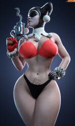 1girls 3d 3d_(artwork) armed batman:_arkham_knight batman_(series) belly_button big_breasts big_hips big_thighs body_writing bozo_pubic_tattoo bra busty dc dc_comics eyemask female_only firearm front_view gloves gun gun_smoke hand_on_hip handgun harley_quinn harley_quinn_(classic) harley_quinn_(injustice) headwear holding_object holding_weapon human human_only injustice_2 looking_at_viewer mask midriff panties pelvic_tattoo pistol pubic_tattoo revolver simple_background smitty34 solo solo_female standing tattoo thick_thighs three-quarter_portrait underwear weapon wide_hips wristwear writing_on_body