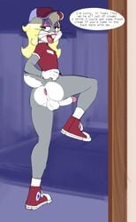 2021 anthro anus ass balls becky_(bugs_bunny) becky_(the_looney_tunes_show) blonde_hair bottomless bugs_bunny clothed clothing coffee_hut_(the_looney_tunes_show) crossdressing dialogue english_text erection femboy fembugs_bunny footwear furry genitals hair handwear headwear hi_res humanoid_genitalia humanoid_penis inside lagomorph leporid looney_tunes male male_only mammal partially_clothed penis presenting presenting_hindquarters rabbit shoes solo talking_to_viewer text the_looney_tunes_show trap warner_brothers zambs