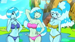 3girls adventure_time big_breasts bikini blue_body blue_hair clothing collar darealantking denise_(adventure_time) exhibitionism grin humanoid long_hair looking_at_viewer mob_face monster_girl pond ponytail short_hair smile water_nymph