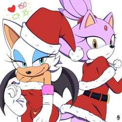 bat_wings blaze_the_cat christmas_clothing christmas_headwear christmas_outfit elbow_gloves gloves innotsu makeup rouge_the_bat sega smile sonic_(series) teasing twitter_strip_game_(meme)