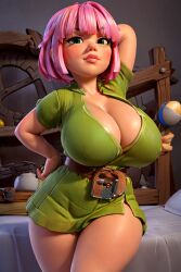 ai_generated archer_(clash_of_clans) arms_behind_head big_breasts blush blushing breasts clash_(series) clash_of_clans clash_royale clothed clothed_female clothing female female_only fully_clothed fully_clothed_female huge_breasts large_breasts looking_at_viewer pink_hair shiny shiny_skin solo solo_female supercell thick_thighs