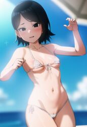 1girls accurate_art_style ai_generated beach bikini bikini_bottom bikini_top black_hair blush boruto:_naruto_next_generations breasts cameltoe embarrassed embarrassed_nude_female female girl micro_bikini naruto naruto_(series) pussy_peek sarada_uchiha sea seaside small_breasts small_clothes small_panties solo solo_female solo_focus solo_girl teenage_girl teenager virgin