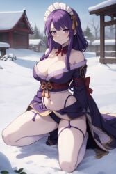 1girls ai_generated breasts female genshin_impact kirill782 kneeling large_breasts long_hair maid maid_headdress navel panties purple_eyes purple_hair raiden_shogun smile solo stable_diffusion