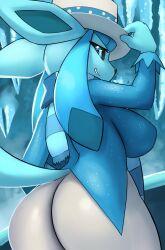 anthro ass big_breasts black_sclera blue_eyes breasts cave clothed clothing eeveelution female furry game_freak generation_4_pokemon glaceon hat ice ice_cave looking_at_viewer nintendo ozoneserpent pokémon_(species) pokemon scarf seductive sideboob tail thick_thighs wide_hips