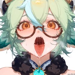 1girl 1girls ai_generated amber_eyes animal_ears blush female female_only genshin_impact glasses green_hair mouth portrait presenting_mouth saliva saliva_drip saliva_on_tongue seductive seductive_look seductive_mouth solo solo_female sucrose_(genshin_impact) teeth tongue tongue_out