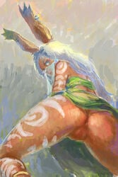 animal_ears anus ass bunny_ears censored dark-skinned_female dark_skin female female_only final_fantasy final_fantasy_tactics_advance from_behind fur long_hair looking_back marmelo mouth_veil pussy solo spread_legs tattoo veil viera white_hair