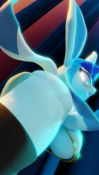 3d_(artwork) 4k 9:16 abstract_background absurd_res anthro areola big_breasts bikini bikini_top biped blender_(software) blender_cycles blue_body blue_hair blush blush_lines breasts clothing digital_media_(artwork) eeveelution embarrassed female fever-dreamer fur generation_4_pokemon glaceon glowing glowing_eyes hair hi_res legwear long_ears looking_at_viewer looking_back looking_back_at_viewer mammal multicolored_body multicolored_fur nintendo paws pokemon pokemon_(species) shocked solo stockings swimwear tail two_tone_body two_tone_fur xazter3d