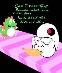 ass banana baron_von_blubba black_background black_eyes bob bubble_bobble derp dialogue dildo dragon english_text fruit ghost male_only nintendo plain_background red_eyes sex_toy text undead white_penis