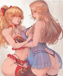 2girls abs absurdres artist_name ass big_ass blonde_hair bow breasts brown_hair cleavage commission covered_nipples garter_belt grabbing grabbing_another's_breast granblue_fantasy hairbow highres katalina_(granblue_fantasy) katalina_aryze kuromoro large_breasts lingerie long_hair multiple_girls navel ponytail red_eyes see-through sideboob signature stockings thighhighs thong toned two-tone_bow underwear vira_(granblue_fantasy) vira_lillie white_background yuri