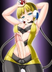 1futa armpits bad_id blonde_hair blue_eyes breasts cameltoe cleavage elesa_(pokemon) elesa_(pokemon_bw) erect_nipples fanatic_fetish futa_only futanari gym_leader headphones hime_cut human intersex large_breasts meatus midriff nintendo pantyhose poke_ball pokemon pokemon_bw short_hair solo