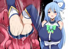 aqua_(konosuba) ass big_breasts blue_bottomwear blue_clothing blue_eyes blue_hair blue_legwear blue_skirt blue_sleeveless_shirt blue_stockings bottomless bottomwear breasts clothed clothing digital_media_(artwork) female female_prey green_ribbons hair human kono_subarashii_sekai_ni_shukufuku_wo! legwear light_body light_skin mammal open_mouth oral_vore pink_tentacles skirt solo stockings tentacle tentacle_creature vore yakumodaisuki