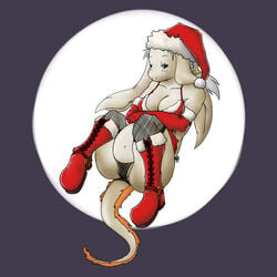 340m/sec arms_folded belly black_panties blue_eyes boots bra cameltoe chubby elbow_gloves female final_fantasy gloves looking_at_viewer nu_mou on_back panties ponytail santa_hat see-through see-through_panties sitting solo tail tied_hair white_hair