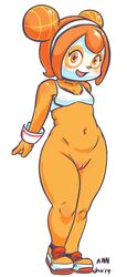 ann_(wakayama_trians) anthro basketball bear blush bottomless bra bracelet canine chombie clothed clothing female flat_chest footwear fur furry furry_only hair half-dressed headband hybrid jewelry mammal mascot national_basketball_league navel open_mouth orange_eyes orange_hair panda partially_clothed plain_background pussy red_eyes shoes smile solo standing tongue topwear white_background wide_hips